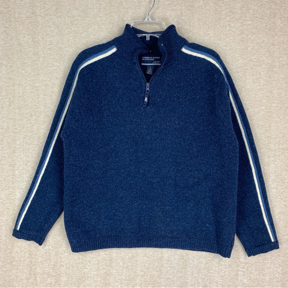 Vtg American Eagle Wool Sweater Mens L Y2K Blue Stripe 1/4 Zip Pullover Jumper